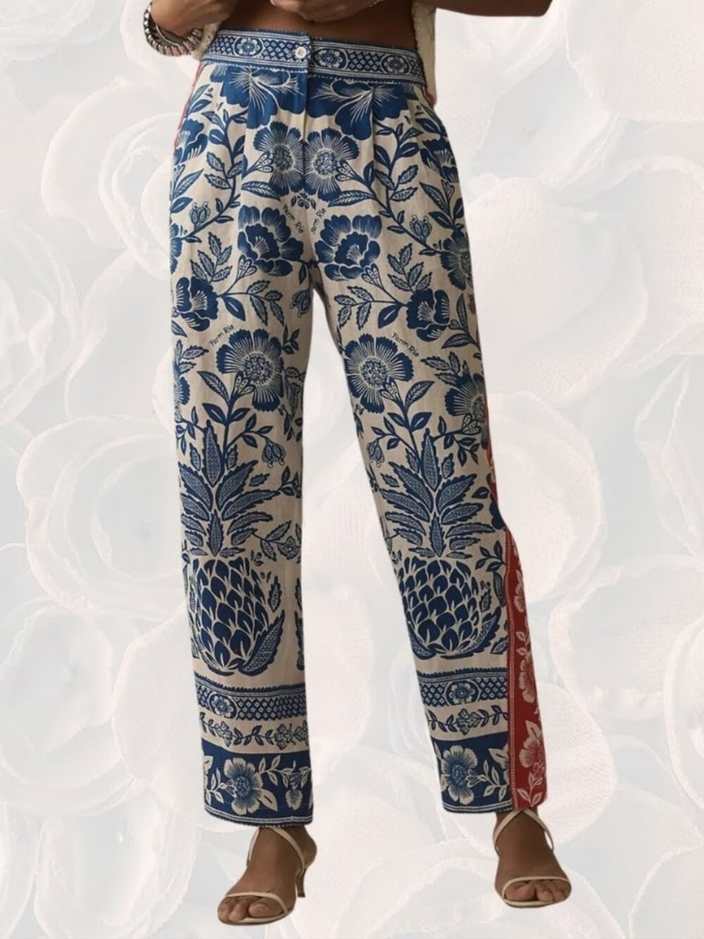 Farm Rio x Anthropologie Floral Pineapple Linen Trousers Blue Cream Size S